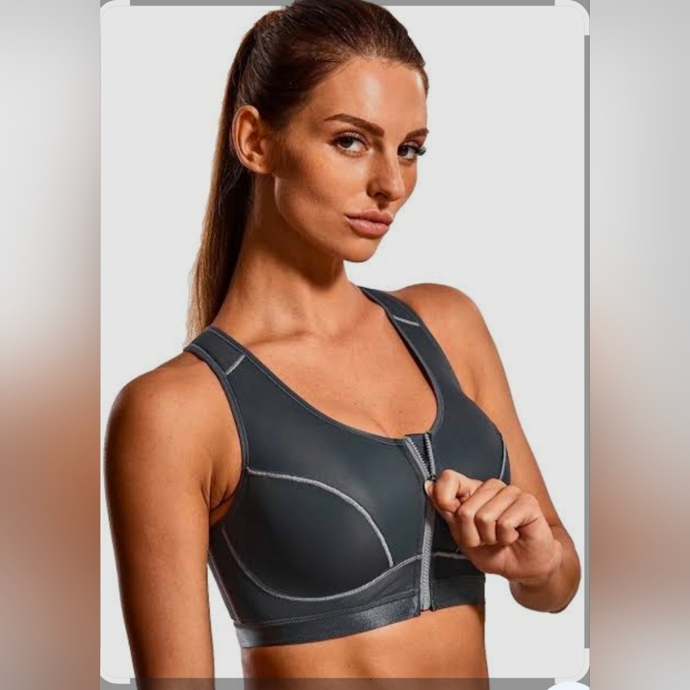 SYROKAN Sport Support Bra 34D Front Closure Full Support Cross Back Gray NWT